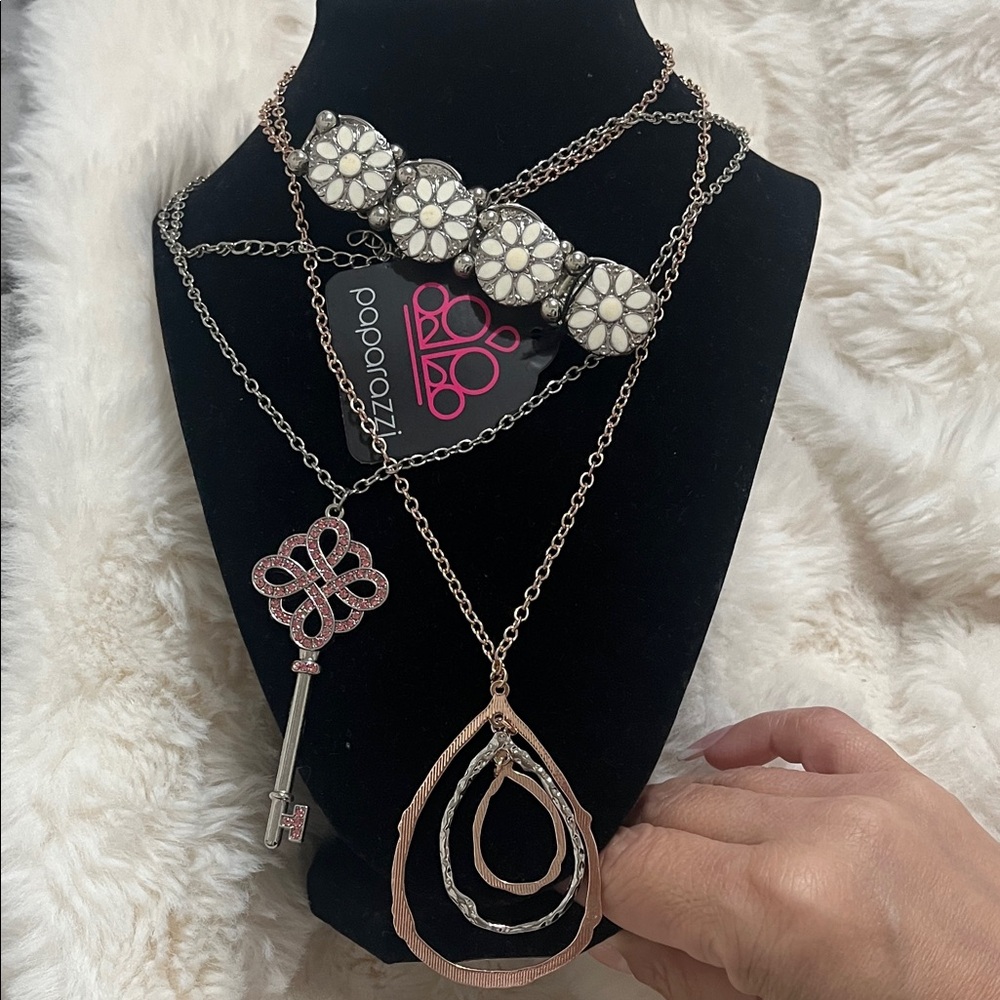 Paparazzi Silver and Pink Key Necklace , rose gold necklace & floral bracelet